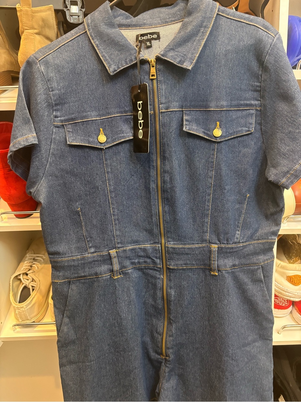 bebe Denim Short-Sleeve Zip Jumpsuit - Blue